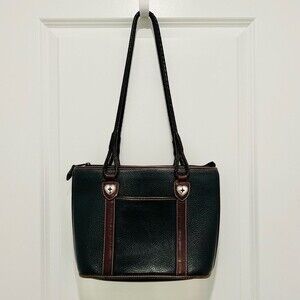 Brighton Vintage Medium Tote Black Pebble Grain Leather Brown Braided Straps